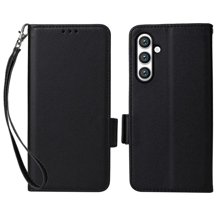 For Samsung Galaxy S23 FE Anti-scratch Litchi Texture PU Leather Case Wallet Stand Phone Cover with Strap - Black - 1