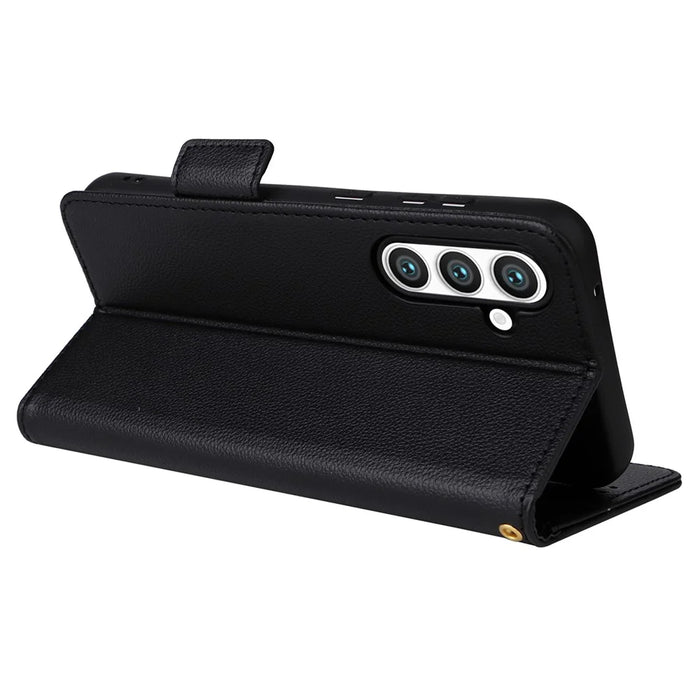 For Samsung Galaxy S23 FE Anti-scratch Litchi Texture PU Leather Case Wallet Stand Phone Cover with Strap - Black - 4