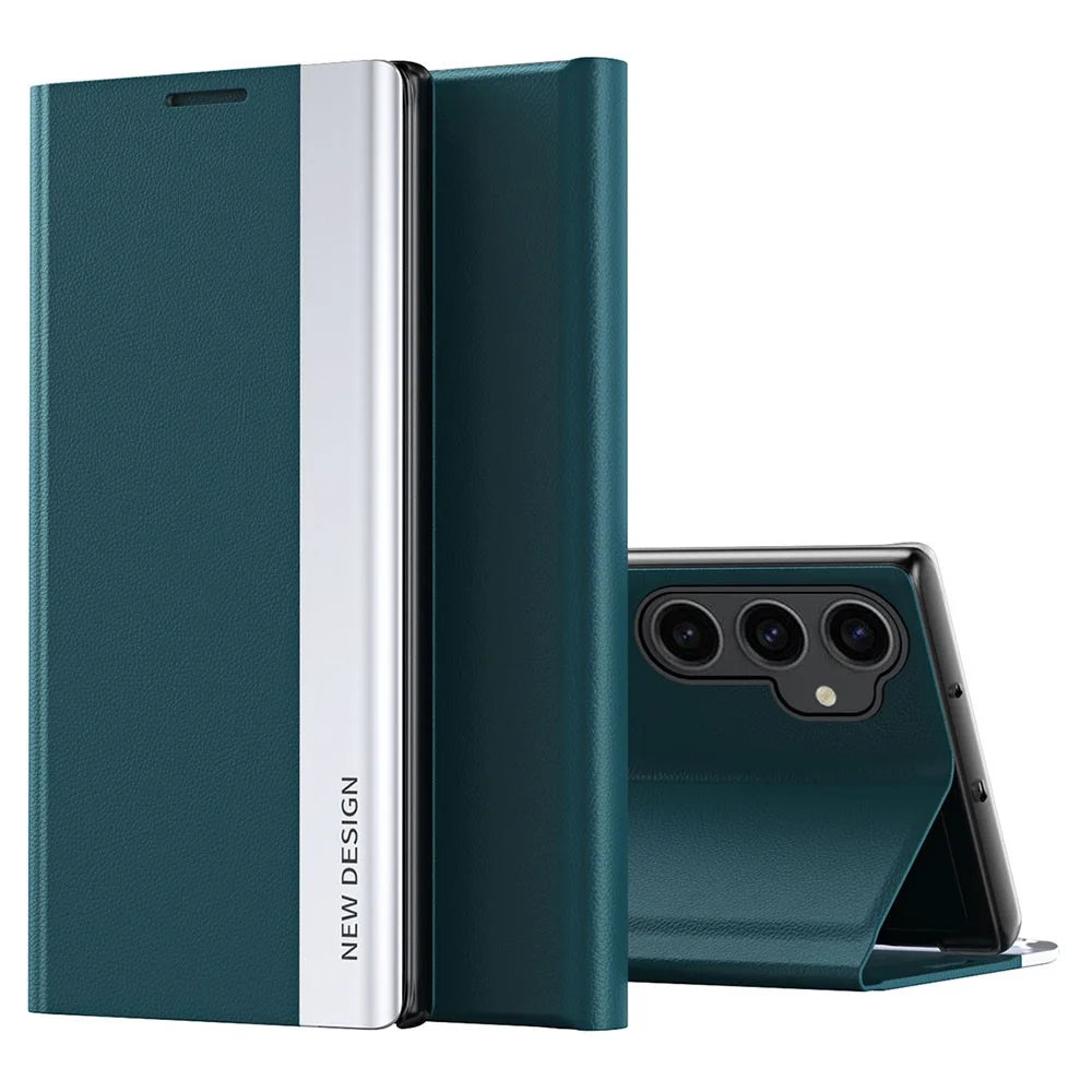 For Samsung Galaxy S23 FE PU Leather+PC Electroplating Phone Cover Drop Protection Stand Case - Green - 1