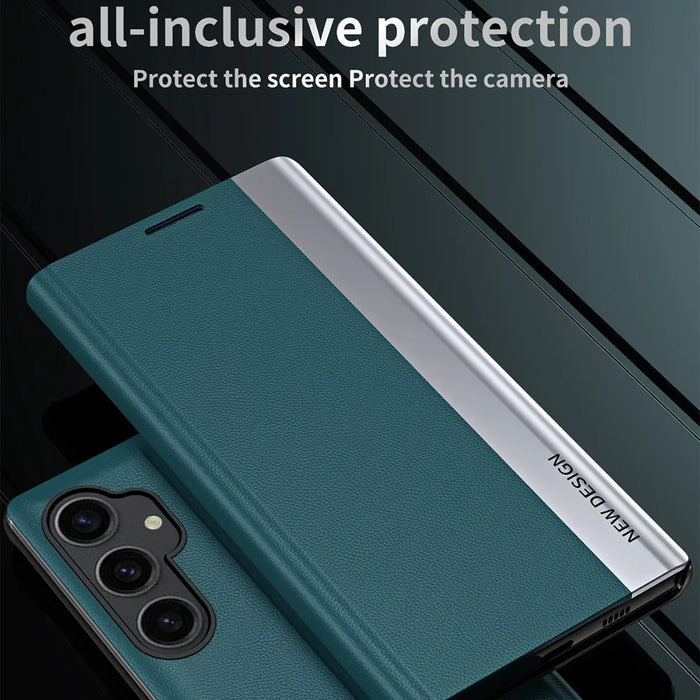 For Samsung Galaxy S23 FE PU Leather+PC Electroplating Phone Cover Drop Protection Stand Case - Green - 4