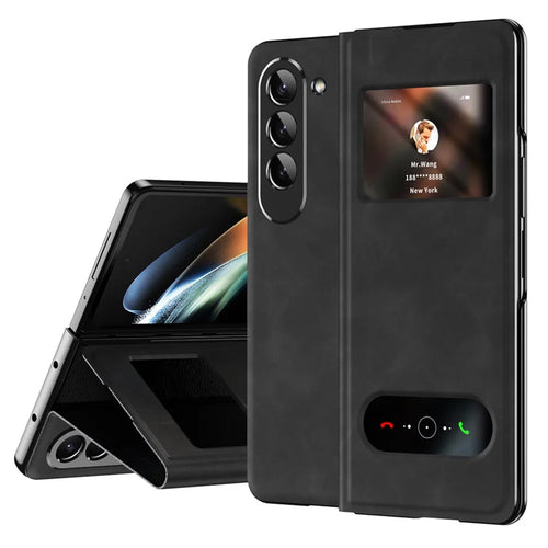 For Samsung Galaxy Z Fold5 5G View Window Phone Case Nappa Texture PU Leather + PC Stand Cover - Black - 1