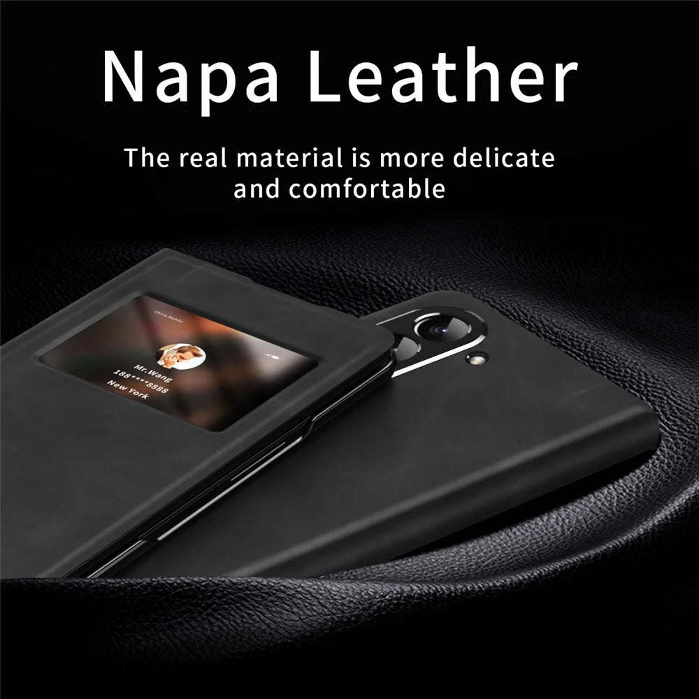 For Samsung Galaxy Z Fold5 5G View Window Phone Case Nappa Texture PU Leather + PC Stand Cover - Black - 2