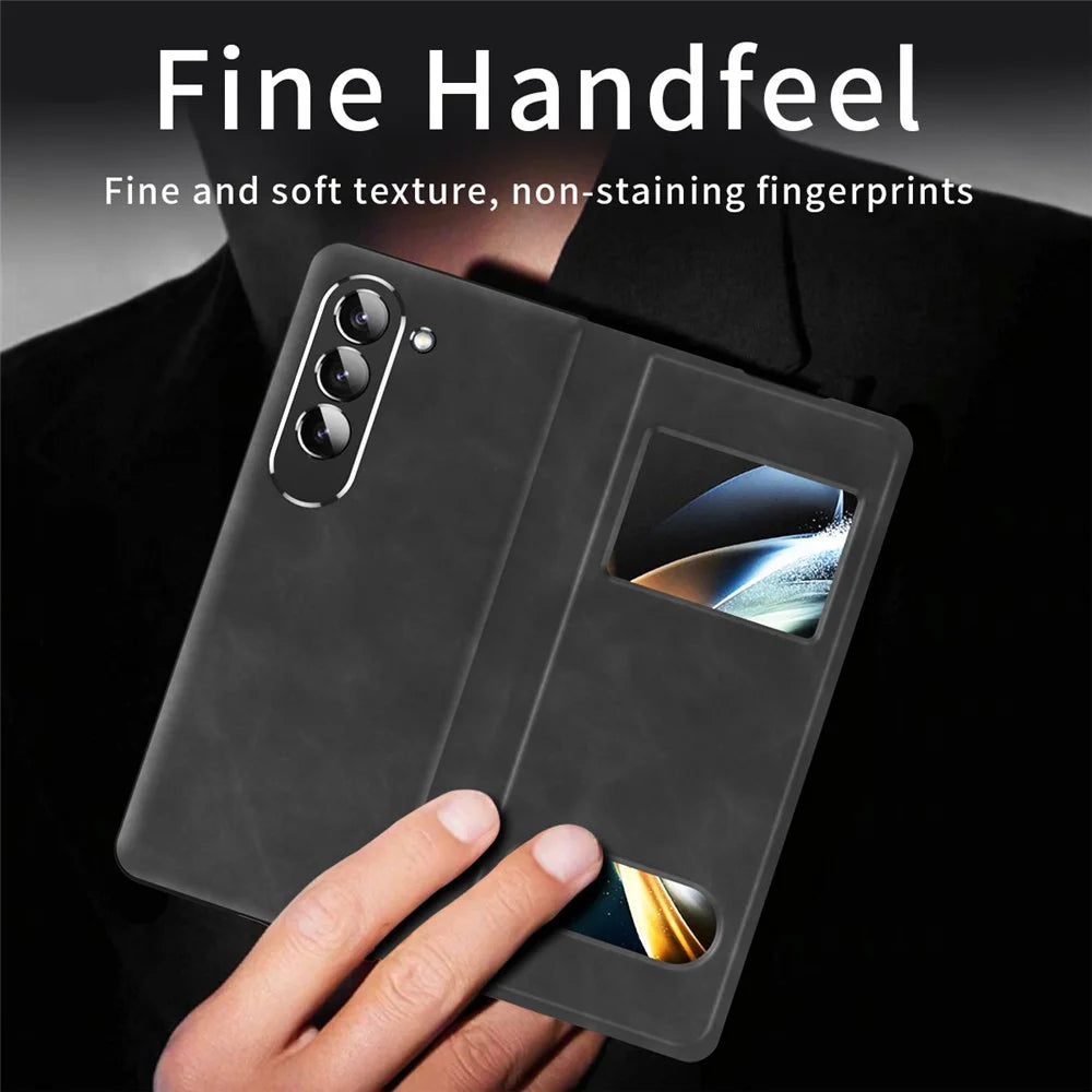 For Samsung Galaxy Z Fold5 5G View Window Phone Case Nappa Texture PU Leather + PC Stand Cover - Black - 4