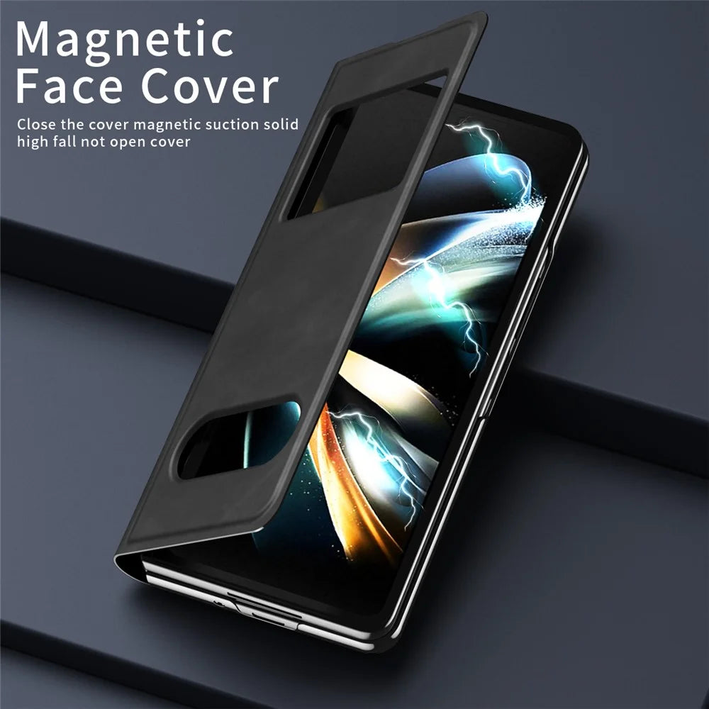 For Samsung Galaxy Z Fold5 5G View Window Phone Case Nappa Texture PU Leather + PC Stand Cover - Black - 5