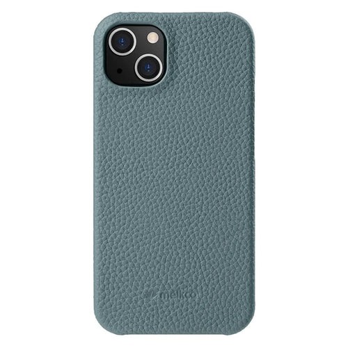 MELKCO For iPhone 14 Plus Anti-drop Cell Phone Case Genuine Cow Leather Coated PC Cover - Linen Blue - 1