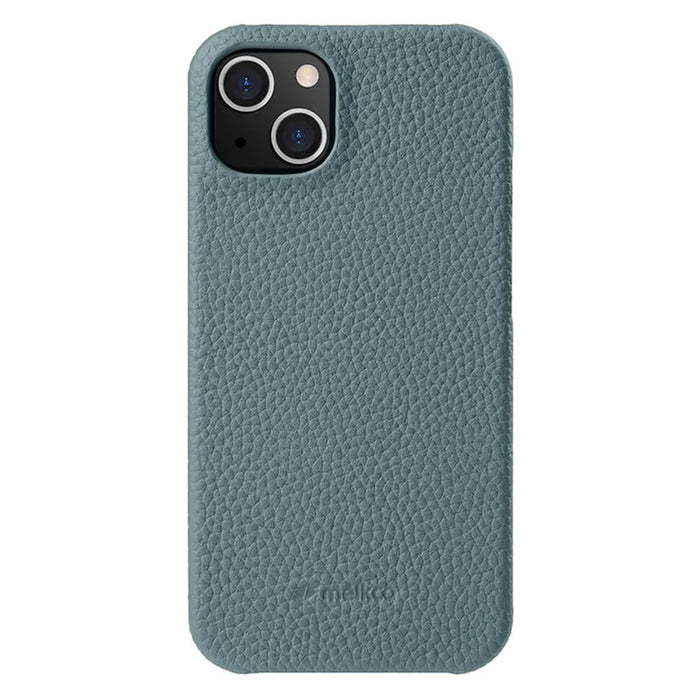 MELKCO For iPhone 14 Plus Anti-drop Cell Phone Case Genuine Cow Leather Coated PC Cover - Linen Blue - 1
