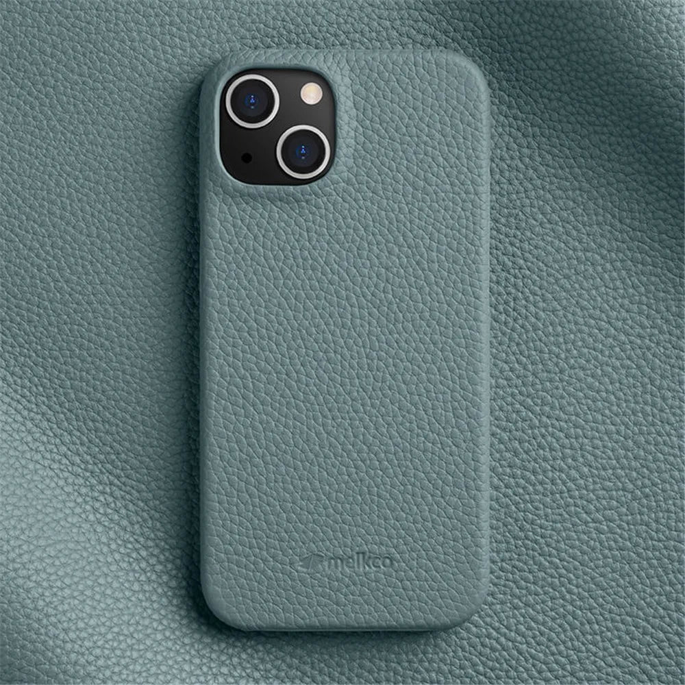 MELKCO For iPhone 14 Plus Anti-drop Cell Phone Case Genuine Cow Leather Coated PC Cover - Linen Blue - 2