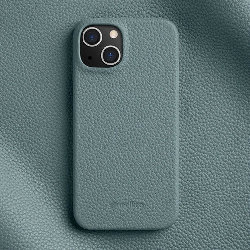 MELKCO For iPhone 14 Plus Anti-drop Cell Phone Case Genuine Cow Leather Coated PC Cover - Linen Blue - 2