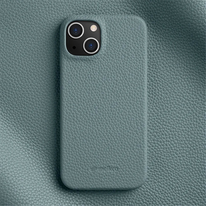 MELKCO For iPhone 14 Plus Anti-drop Cell Phone Case Genuine Cow Leather Coated PC Cover - Linen Blue - 2