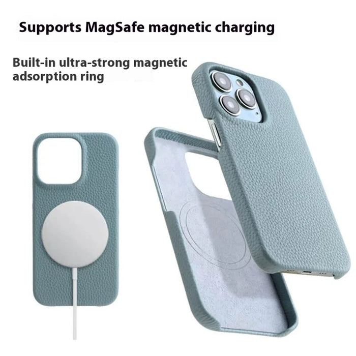 MELKCO For iPhone 14 Pro Max Magnetic Protective Case Genuine Cow Leather Coated PC Phone Cover - Orange - 3