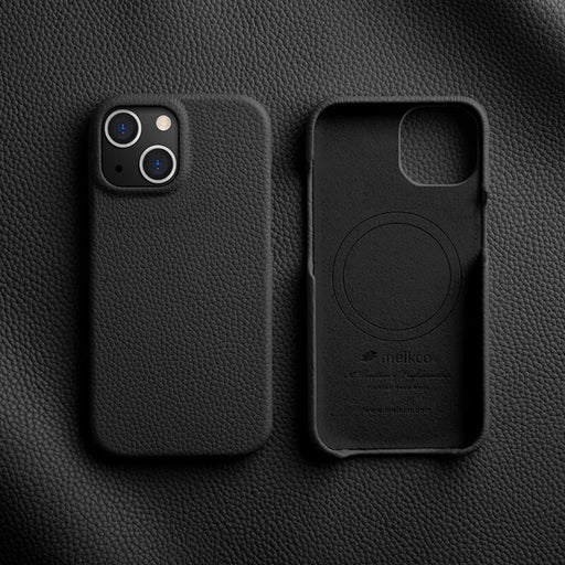 MELKCO For iPhone 14 Anti-drop Case Genuine Cow Leather+PC Phone Cover Compatible with MagSafe - Black - 2