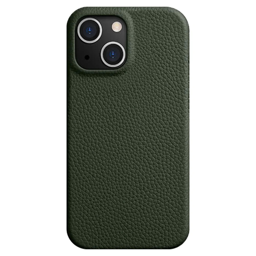MELKCO For iPhone 14 Plus Genuine Cow Leather Coated PC Cover Protective Phone Case Compatible with MagSafe - Green - 1