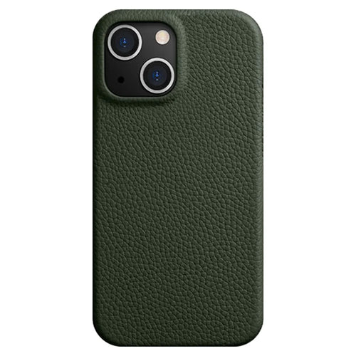 MELKCO For iPhone 14 Plus Genuine Cow Leather Coated PC Cover Protective Phone Case Compatible with MagSafe - Green - 1