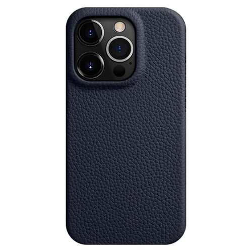MELKCO For iPhone 14 Pro Genuine Cow Leather Coated PC Phone Case Magnetic Drop-proof Cover - Dark Blue - 1