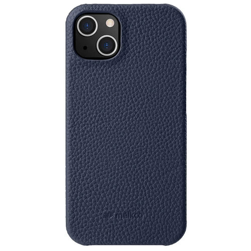 MELKCO For iPhone 13 6.1 inch Large Opening Anti-drop Cover Genuine Cow Leather+PC Phone Case - Dark Blue - 1