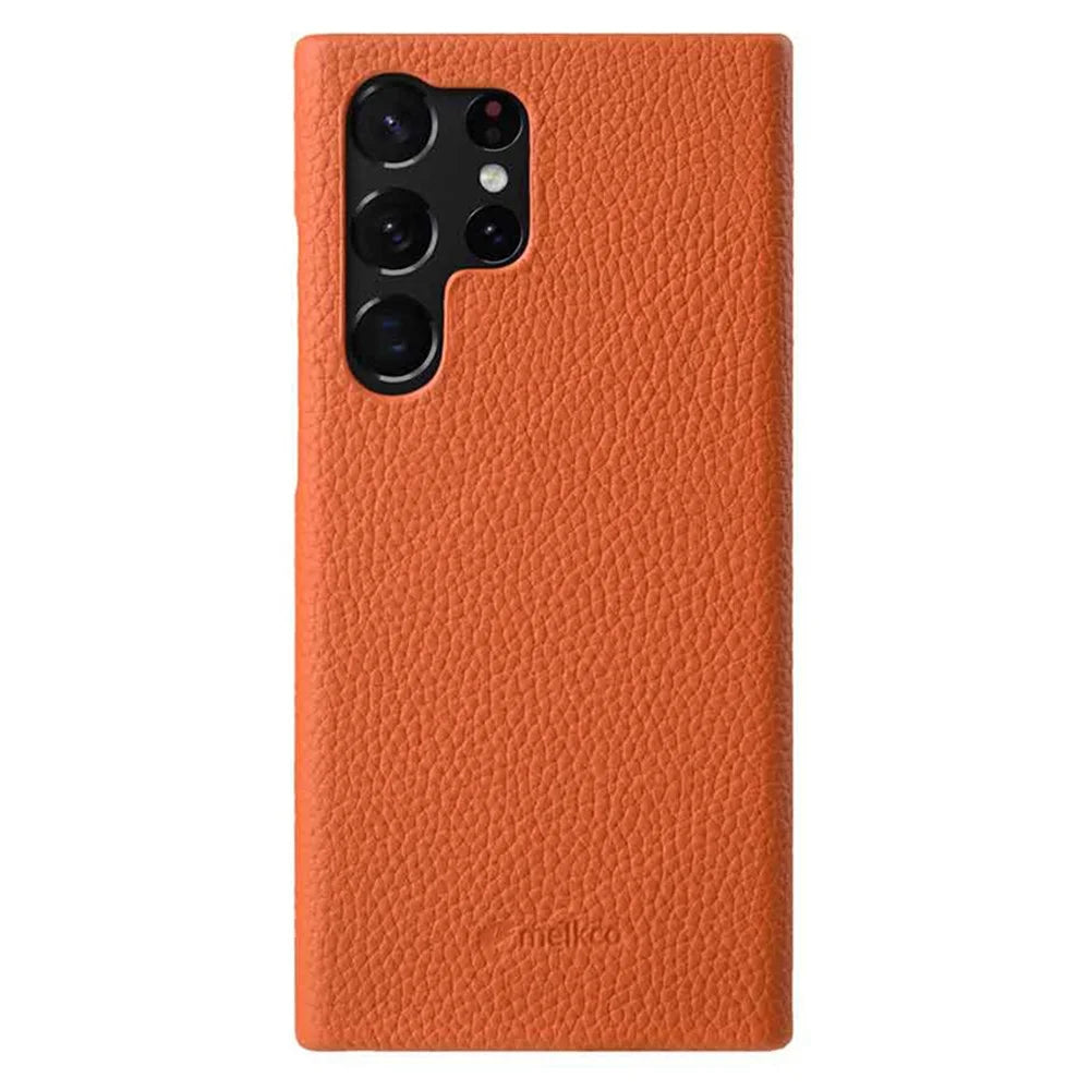 MELKCO Incomplete Cover for Samsung Galaxy S23 Ultra , Genuine Cow Leather Coated PC Phone Shell - Orange - 1