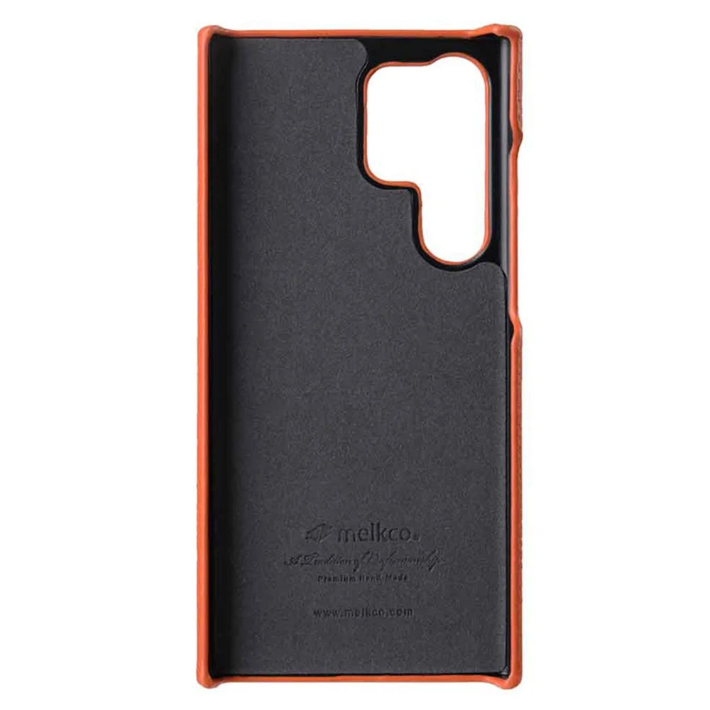 MELKCO Incomplete Cover for Samsung Galaxy S23 Ultra , Genuine Cow Leather Coated PC Phone Shell - Orange - 2