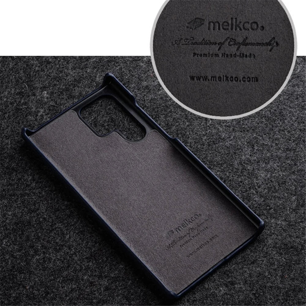 MELKCO Incomplete Cover for Samsung Galaxy S23 Ultra , Genuine Cow Leather Coated PC Phone Shell - Orange - 3