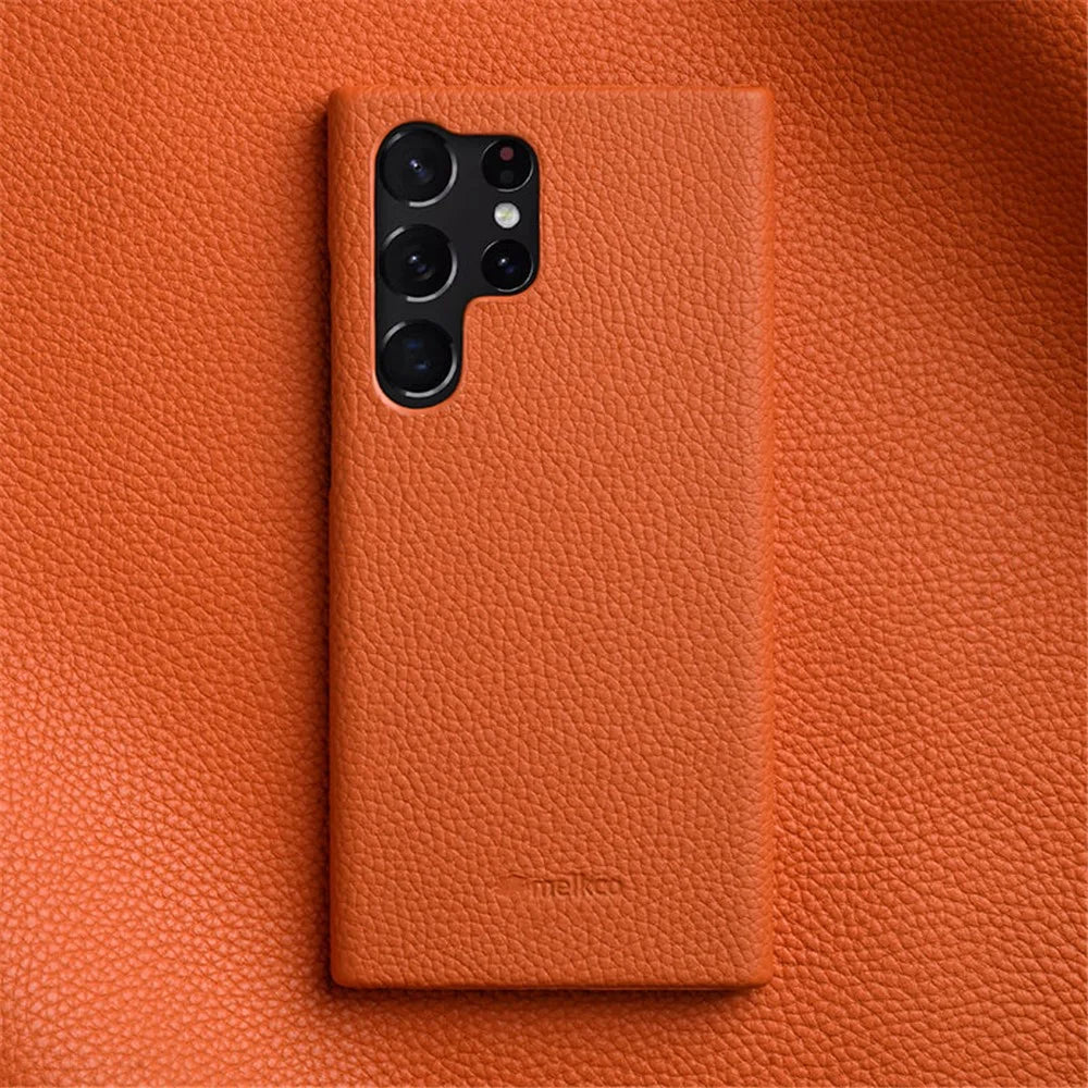 MELKCO Incomplete Cover for Samsung Galaxy S23 Ultra , Genuine Cow Leather Coated PC Phone Shell - Orange - 6