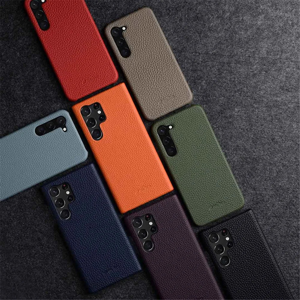 MELKCO Incomplete Cover for Samsung Galaxy S23 Ultra , Genuine Cow Leather Coated PC Phone Shell - Orange - 7
