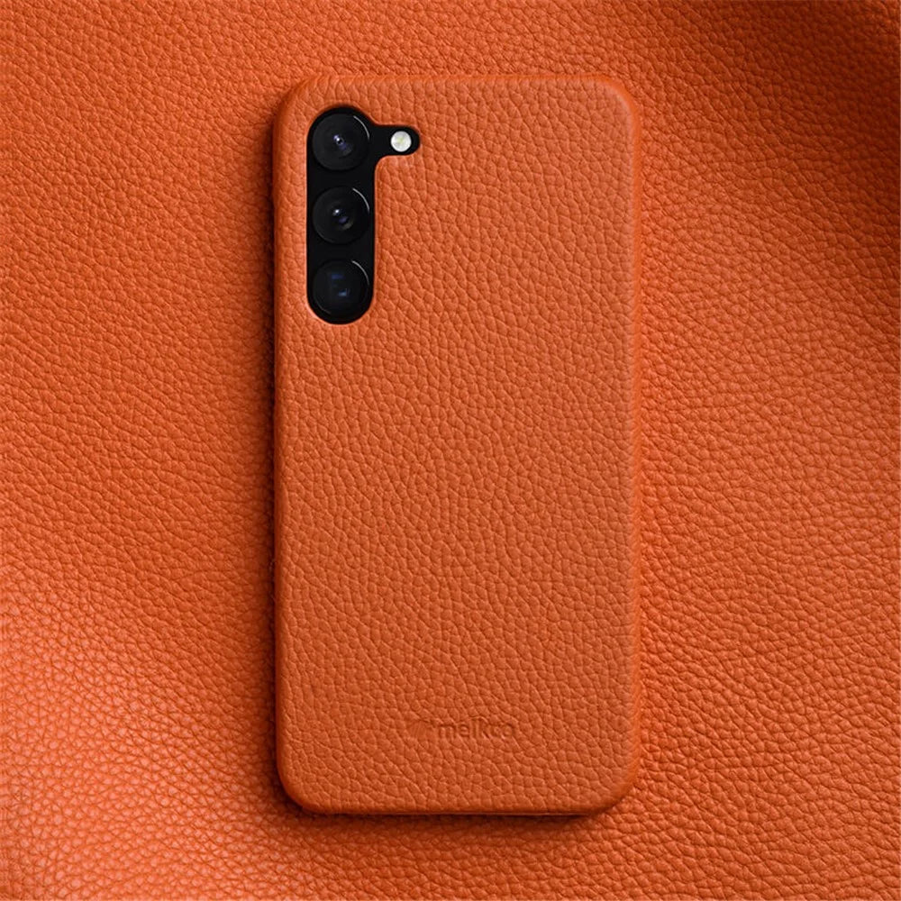 MELKCO Incomplete Cover for Samsung Galaxy S23 Anti-drop Genuine Cow Leather Coated PC Phone Shell - Orange - 3