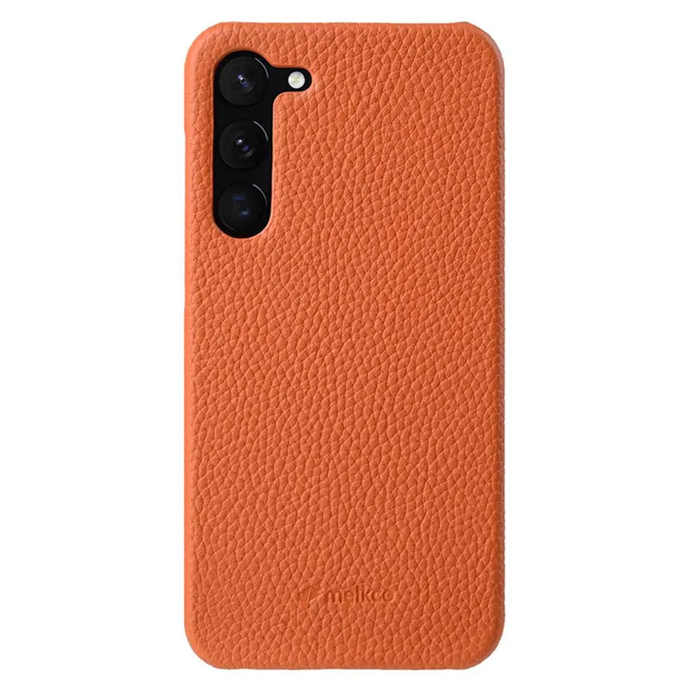 MELKCO For Samsung Galaxy S22 5G Genuine Cow Leather Coated PC Phone Shell Incomplete Cover - Orange - 1