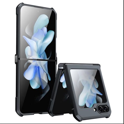 XUNDD For Samsung Galaxy Z Flip5 5G Acrylic+TPU Phone Case with Glass+Protective Bar - Black Laser Texture - 1