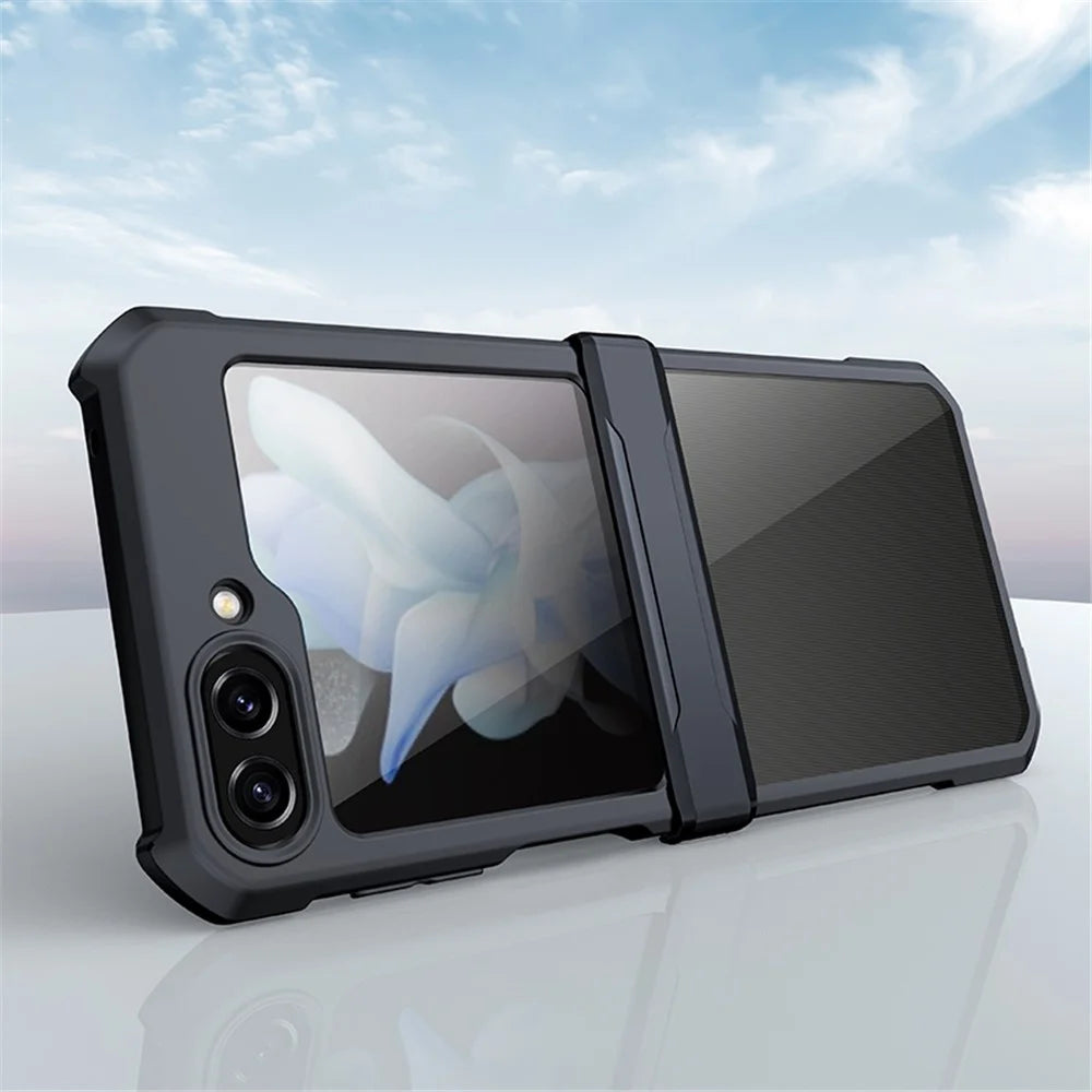 XUNDD For Samsung Galaxy Z Flip5 5G Acrylic+TPU Phone Case with Glass+Protective Bar - Black Laser Texture - 2