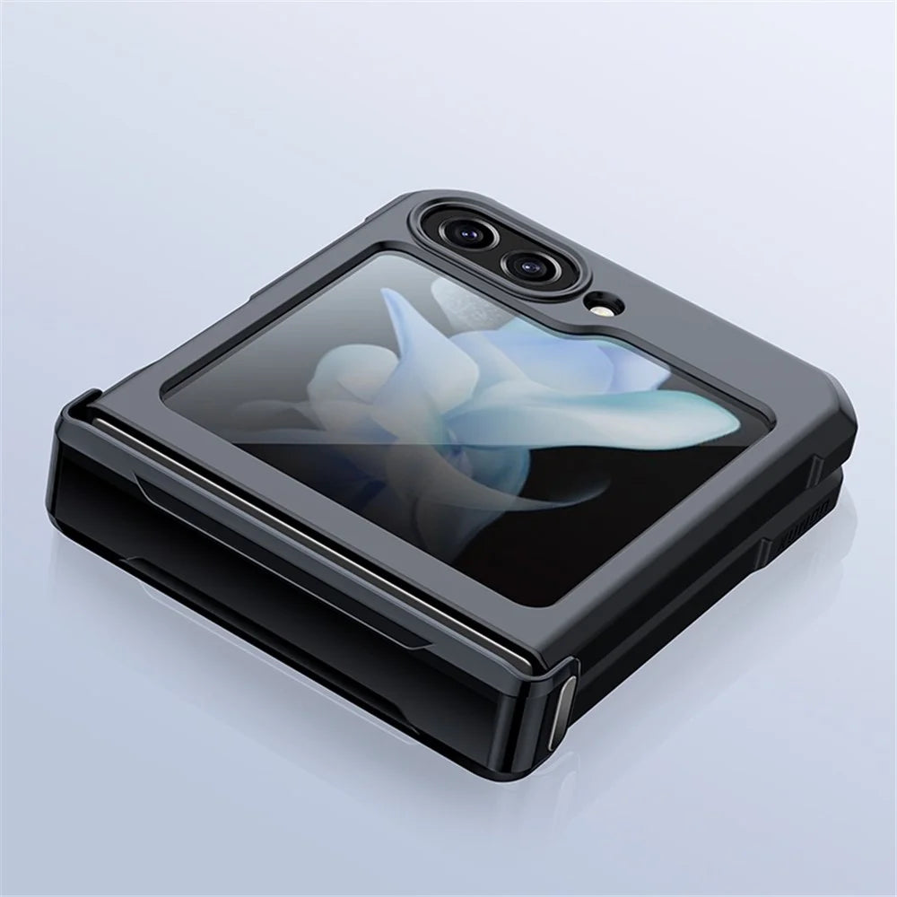 XUNDD For Samsung Galaxy Z Flip5 5G Acrylic+TPU Phone Case with Glass+Protective Bar - Black Laser Texture - 4