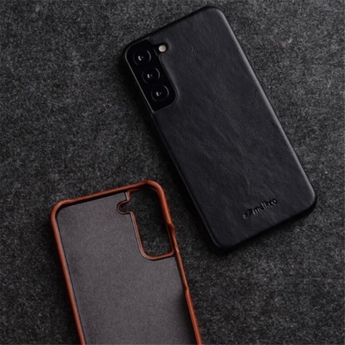 MELKCO For Samsung Galaxy S23 Waxy Genuine Cow Leather Coated PC Case Incomplete Phone Case - Black - 3