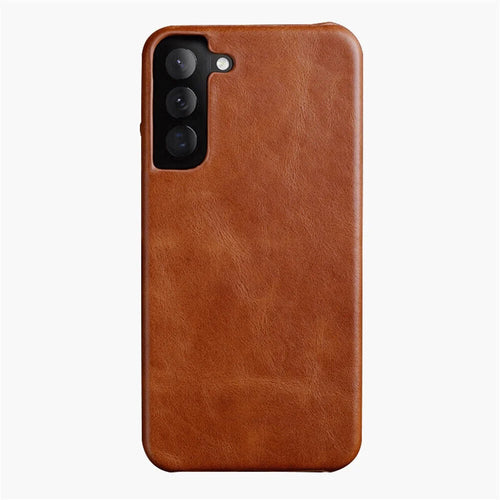 MELKCO Incomplete Case for Samsung Galaxy S22 5G Anti-drop Waxy Genuine Cow Leather Coated PC Case - Brown - 1