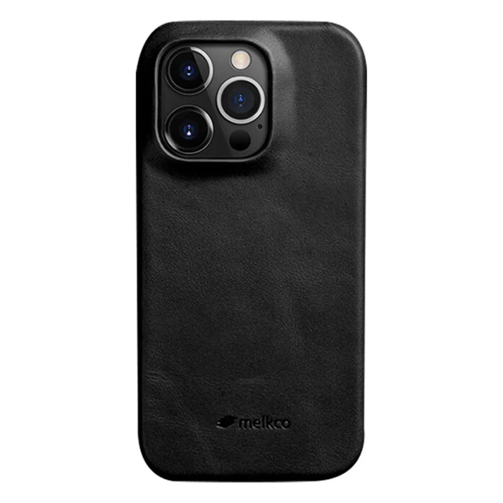 MELKCO For iPhone 14 Pro Max Phone Cover Incomplete Waxy Genuine Cow Leather Coated PC Shockproof Case - Black - 1