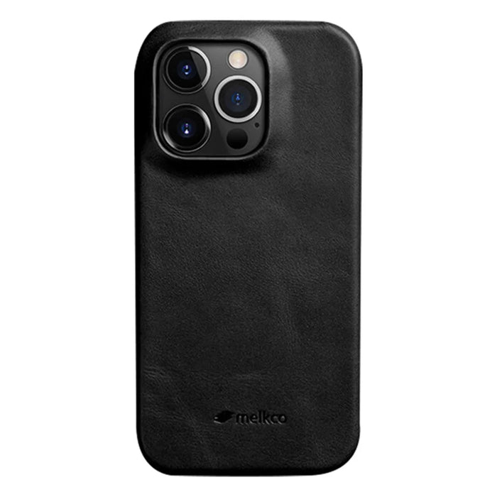MELKCO For iPhone 14 Pro Max Phone Cover Incomplete Waxy Genuine Cow Leather Coated PC Shockproof Case - Black - 1