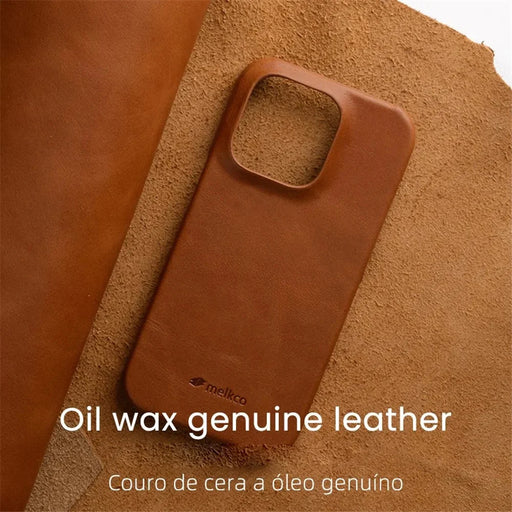 MELKCO For iPhone 14 Pro Max Phone Cover Incomplete Waxy Genuine Cow Leather Coated PC Shockproof Case - Black - 2