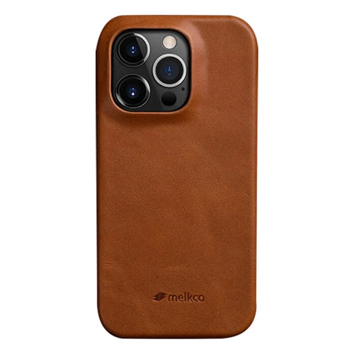 MELKCO For iPhone 14 Pro Incomplete Waxy Genuine Cow Leather Coated PC Case Phone Guard Cover - Brown - 1