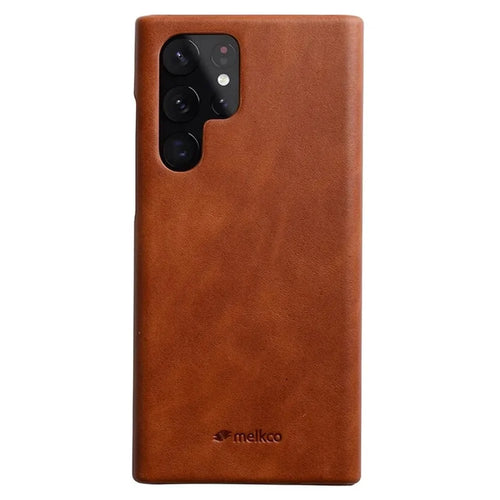 MELKCO For Samsung Galaxy S22 Ultra 5G Genuine Cow Leather Coated PC Case Incomplete Waxy Phone Cover - Brown - 1