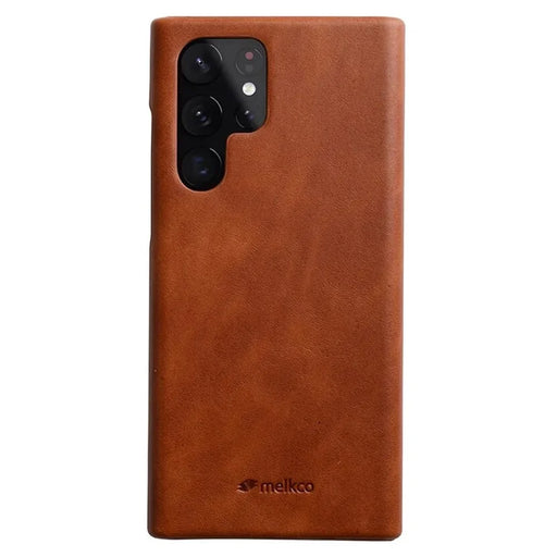 MELKCO For Samsung Galaxy S22 Ultra 5G Genuine Cow Leather Coated PC Case Incomplete Waxy Phone Cover - Brown - 1