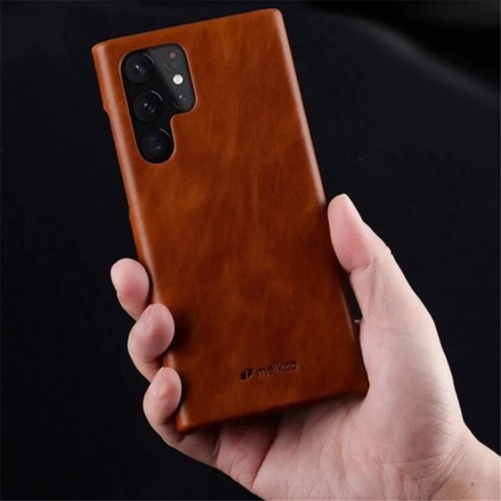 MELKCO For Samsung Galaxy S22 Ultra 5G Genuine Cow Leather Coated PC Case Incomplete Waxy Phone Cover - Brown - 3