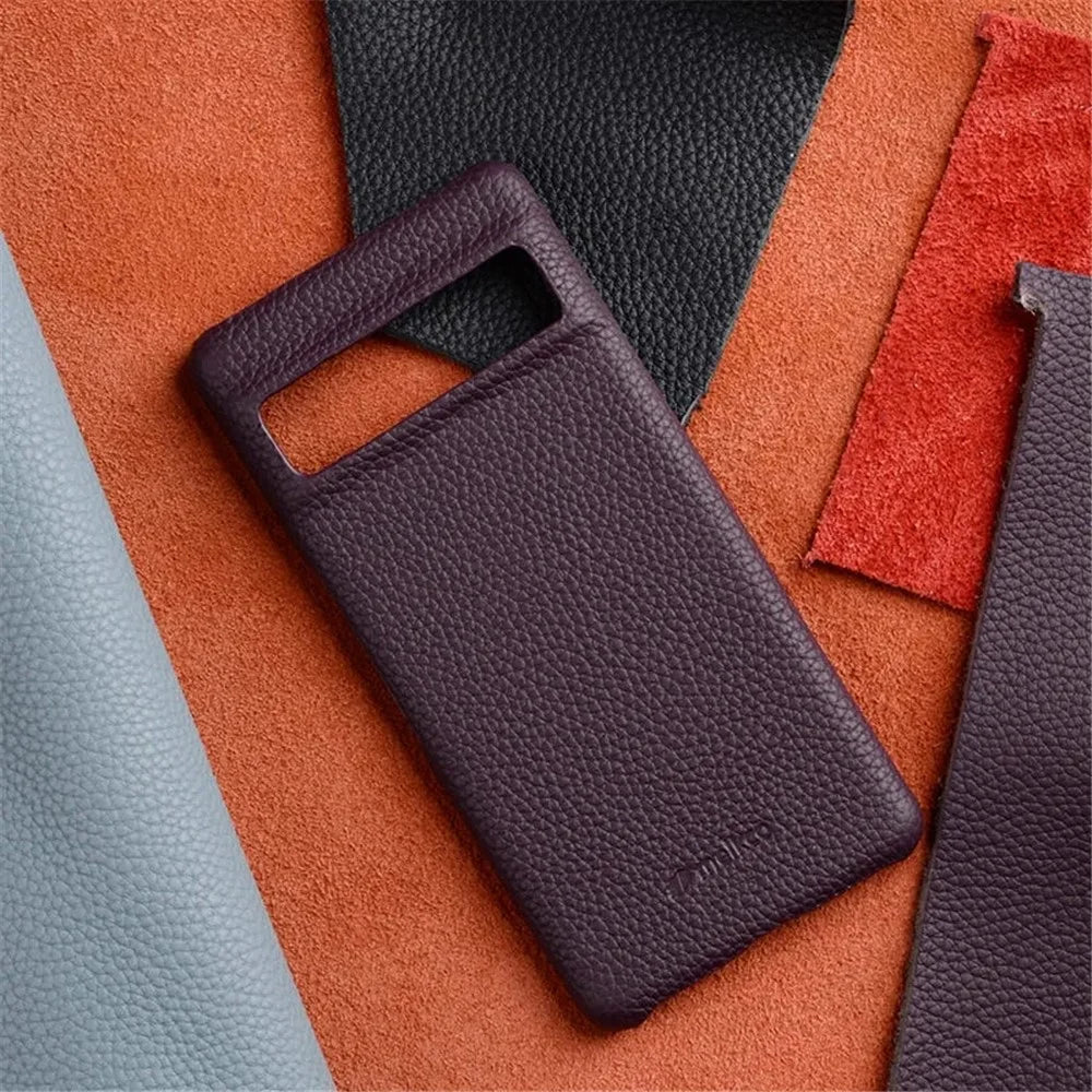MELKCO Anti-fall Cover for Google Pixel 7 Pro 5G Genuine Cow Leather Coated PC Incomplete Phone Case - Black - 7