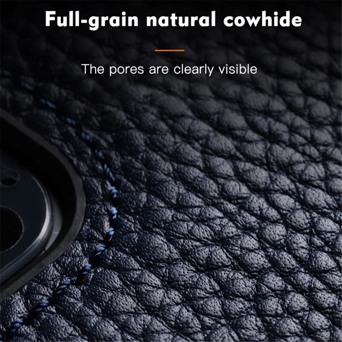 MELKCO For iPhone 13 Pro Max 6.7 inch Shockproof Case Genuine Cow Leather+Microfiber Leather+PC Phone Case - Dark Blue - 3