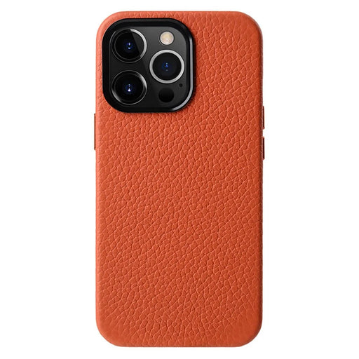 MELKCO For iPhone 14 Pro Max Metal Lens Frame Phone Case Genuine Cow Leather+Microfiber Leather+PC Phone Case - Orange - 1