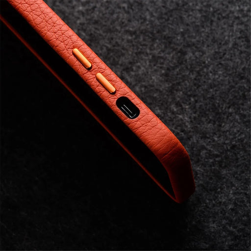 MELKCO For iPhone 14 Pro Max Metal Lens Frame Phone Case Genuine Cow Leather+Microfiber Leather+PC Phone Case - Orange - 2