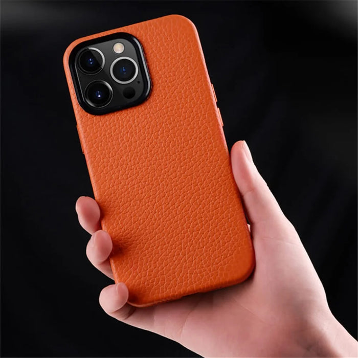 MELKCO For iPhone 14 Pro Max Metal Lens Frame Phone Case Genuine Cow Leather+Microfiber Leather+PC Phone Case - Orange - 3