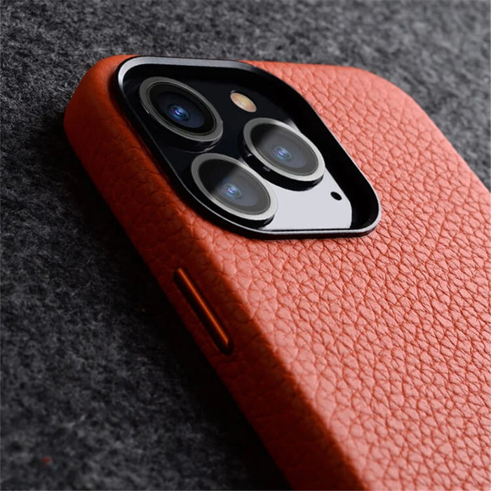 MELKCO For iPhone 14 Pro Max Metal Lens Frame Phone Case Genuine Cow Leather+Microfiber Leather+PC Phone Case - Orange - 4