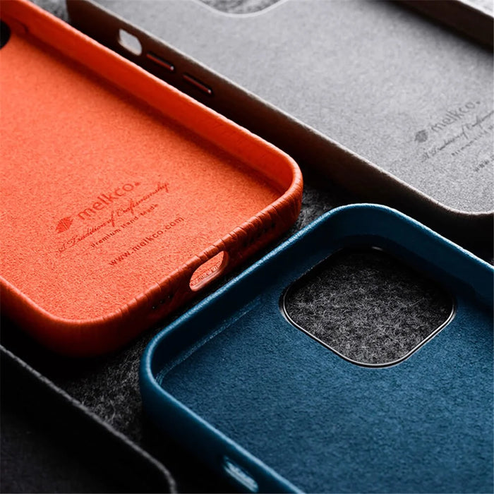 MELKCO For iPhone 14 Pro Max Metal Lens Frame Phone Case Genuine Cow Leather+Microfiber Leather+PC Phone Case - Orange - 6