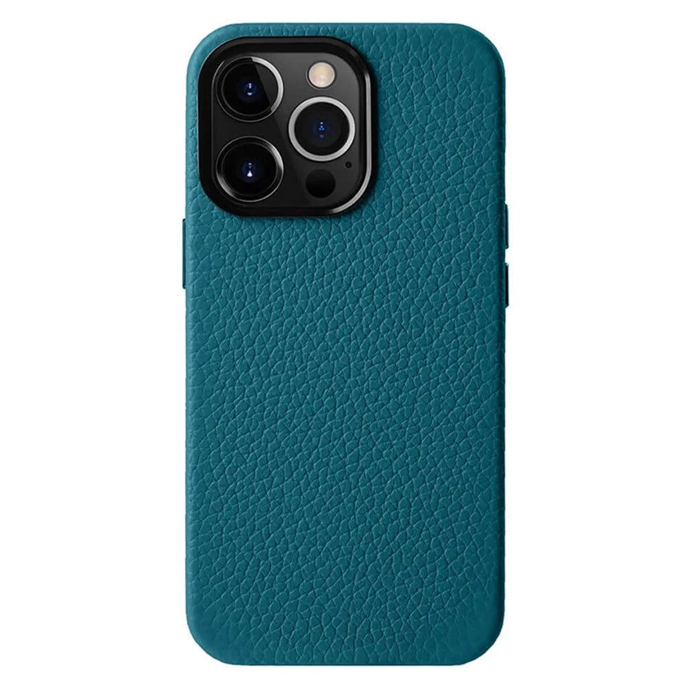 MELKCO For iPhone 14 Pro Metal Lens Frame Phone Case Genuine Cow Leather+Microfiber Leather+PC Phone Cover - Blue - 1