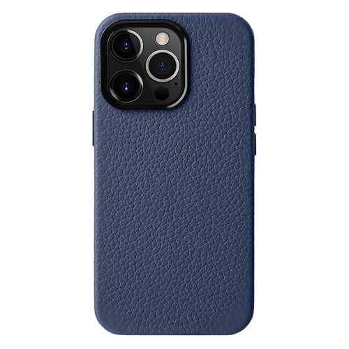 MELKCO For iPhone 13 Pro Max 6.7 inch Shockproof Case Metal Lens Frame+Genuine Cow Leather+Microfiber Leather+PC Phone Shell - Dark Blue - 1