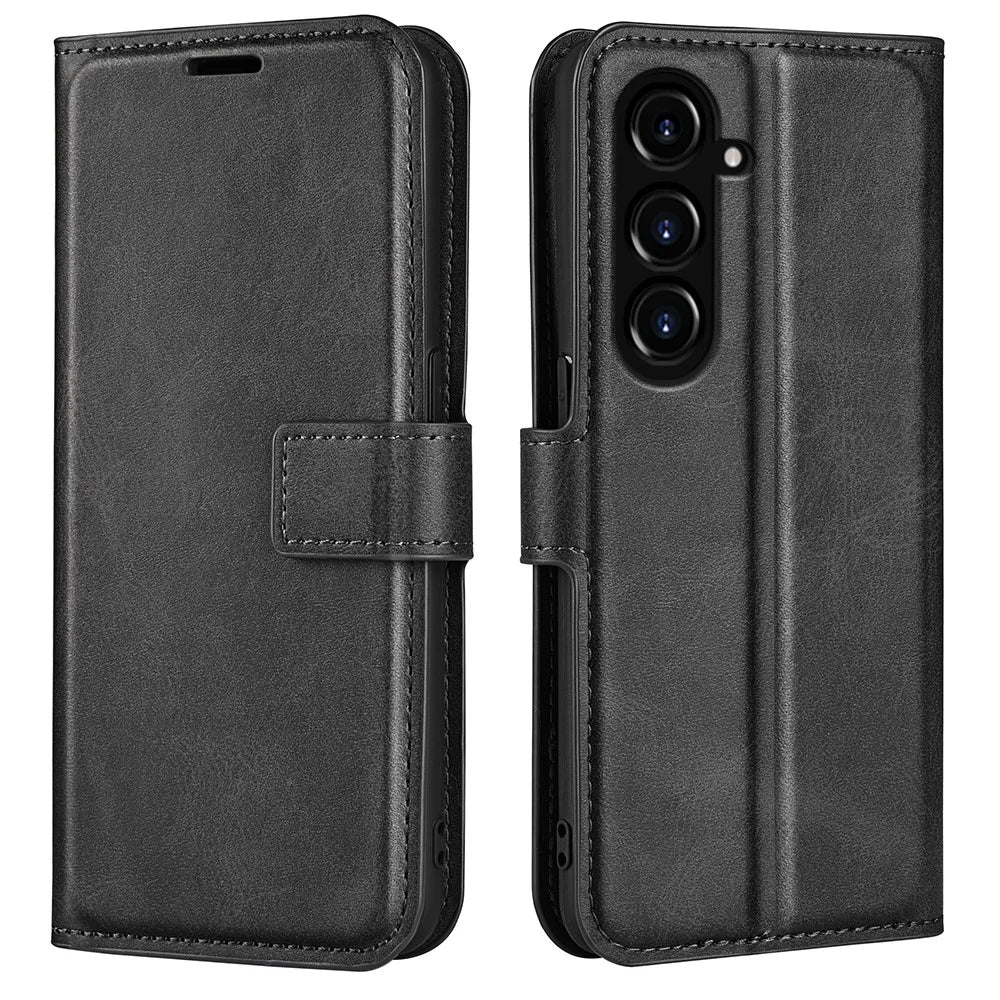 For Samsung Galaxy S23 FE Calf Texture Anti-fall Case PU Leather Wallet Stand Phone Cover - Black - 1