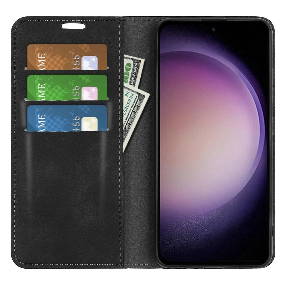 For Samsung Galaxy S23 FE PU Leather Stand Cover Skin-touch Smartphone Wallet Case - Black - 2