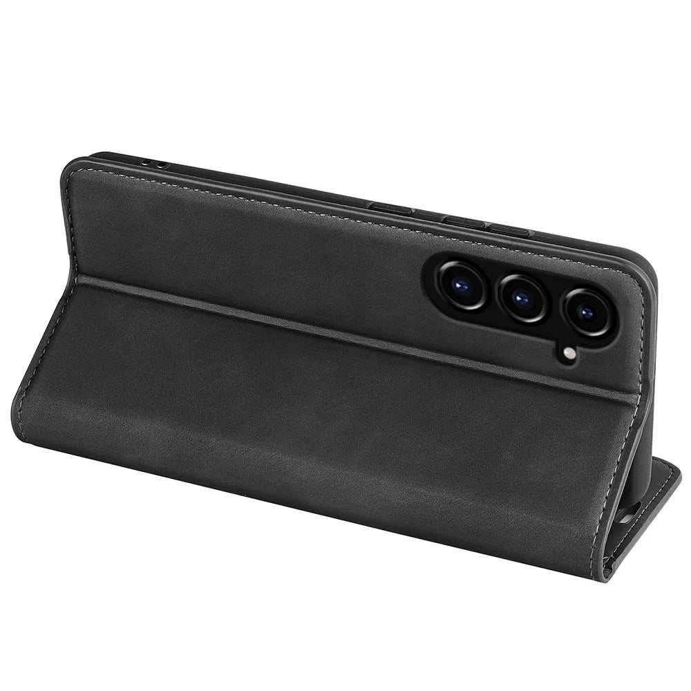 For Samsung Galaxy S23 FE PU Leather Stand Cover Skin-touch Smartphone Wallet Case - Black - 4